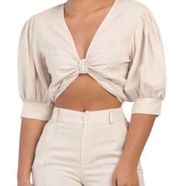 YFB Young Fabulous & Broke Miranda Linen Blend Twist Front Crop Top Cream Size S