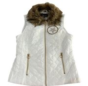 Black Rivet Faux Fur Collar White Quilted Vest Size Small NWT Gold hardware