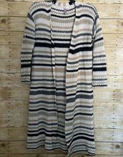 Alya White & Tan Striped Open Knit Duster Cardigan - Size Small - Open Sweater