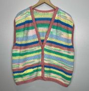 Knit Crochet Pastel Rainbow Striped Sleeveless Button Front Sweater Vest Size XL