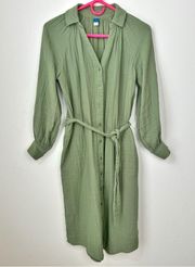Old Navy Sage Green Long Sleeve Waist Defined Midi Dress Size XS Shirt Dress