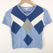 Petite Sophisticate Argyle Short Sleeve Sweater Tee Blue Small INV237