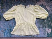 Miss Selfridge pale yellow check puff sleeve peplum blouse, size 4