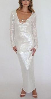 Lioness Embellished Sequin Sheer Scoop Neck Tie Maxi Dress White Women's Size XS