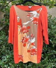 J. Jill Stretch Brown & Orange Floral Blouse/Tee. Size Small Petite. VGUC!