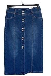 SZ 8 Denim Jean Maxi Ankle Skirt Button-Up Stretch Sultan Blue Slit