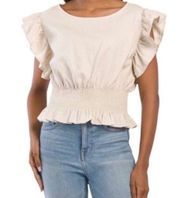 Flutter Sleeve Smocked Elastic Waist Blouse Cream Large