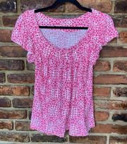 ELLE Pink White Printed Short Sleeve Ruffle Top Women's Size Small