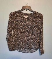 TREASURE & BOND Brown & Beige Shirred Floral V-neck Blouse w Shirt Tail Sz S