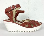 Fly London Womens Yrat Gladiator Wedge Sandals Leather Red Open Toe Size 37