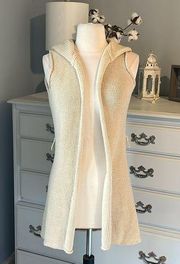 Moda International Beige Hooded Crochet Long Vest Sweater Womens XS Cotton
