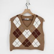 Hollister Easy Argyle Sweater Vest Brown Sleeveless V-Neck Knit Women's Small