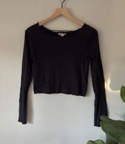 100% Cotton Ruffle Edge Long Sleeve Crop Top T-Shirt Y2K Solid Black EUC