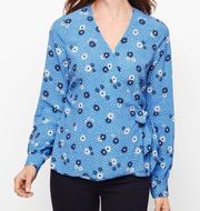 TALBOTS Poet Sleeve Faux Wrap Top Blue White Floral Polka Dot Long Sleeve PETITE