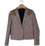 Women’s Size 34 XS Brown Leather Burgundy Houndstooth Plaid Blazer