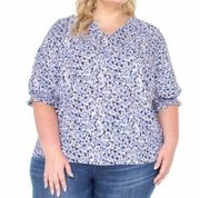 WELL WORN V-Neck Blouse Blue White Navy Floral Short Elbow Sleeve Boho XXL 2XL