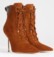 NIB Good American Suede Tobacco Scandal Lace Up Booties Size 7.5