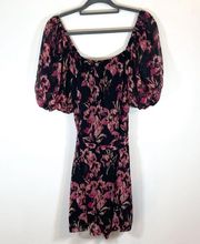 Nordstrom Charles Henry Black Pink Floral puff sleeve off shoulder belted dress