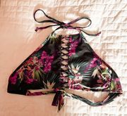 Live Love Dream Tropical Halter Bikini Lace Up Top