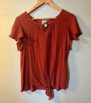 Naif Boho Gypsy Tie Bottom Top w/ Wood Detail Size: XL Rust Red Flutter Sleeve