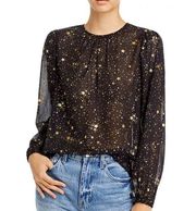 NWT AQUA Star Print Black & Gold Balloon Sleeve Sheer Top Bloomingdales Size S