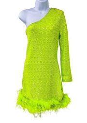 Lime Green Sequin One Shoulder Fur Trim Y2K Mini Dress Large