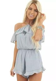 Wishlist Blue Halter Open Back Flutter Sleeve Romper Womens Large NWOT