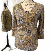 RUBY ROAD Faux Wrap Top Tropical Khaki Black White Palm Prints Cotton Blouse