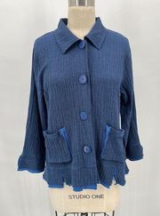 Habitat Button Up Lightweight Jacket Sz S Blue Textured 3/4 Sleeve