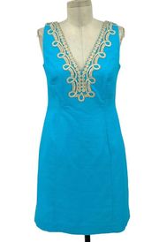 Lilly Pulitzer Bentley Shift Dress Searulean Blue Gold Embroidered Size 4