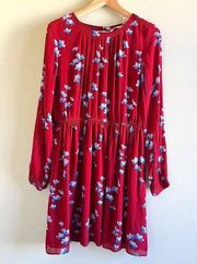 LOFT ANN TAYLOR FLORAL PRINT LONG SLEEVE SHEATH DRESS PLEATED WOMENS SIZE M RED