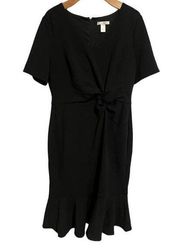 London Times Dress Womens 14 Black Midi Knee High Rouched Waist Short Sleeve NEW