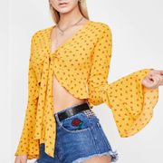 Audrey 3+1 yellow Cherry Print Bell Sleeve Crop Top