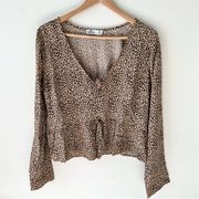 Hollister M Womens Leopard Print V Neck Crop Peplum Shirt Long Sleeve