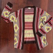 One World Women’s Brown Geometric Aztec Open Front Cardigan Sweater Size S