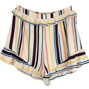 New  Colorful Striped Shorts Ruffle Trim Ivory Multi