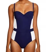 Navy Blue and White Colorblock Underwire One Piece Swimsuit