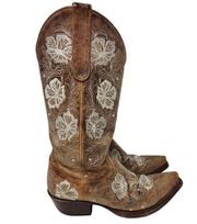 Old Gringo Brown Tan Floral Embroidered Leather Pointed Toe Cowboy Boot Size 6 B