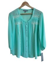 NY Collection Mint Green Sheer 3/4 Sleeve Cottagecore Women Size L Lace Trim NWT
