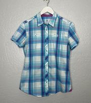 Kuhl Women M Blue White Pink Plaid Shirt Button Front Short Sleeve Lightweight