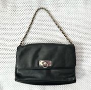 Giani Bernini Black Leather Envelope Flap Over Shoulder Bag Gold Chain Strap