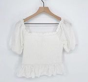 Lost + Wander Puff Sleeve Smocked Shirred Peplum Top Cotton White Women's Medium