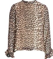 GANNI Mullin Print Georgette Blouse Leopard Print 40