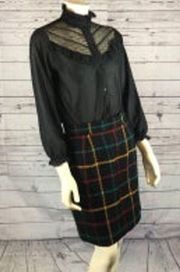 Vintage Jones New York Black w/Colorful Plaid Wool Skirt 100% wool size 10