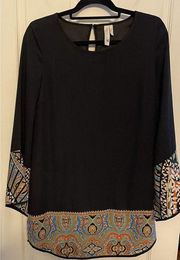 Pink Owl Black Tunic Dress Patterned Trim Boho Size Small STYLE# ID 14311FWA