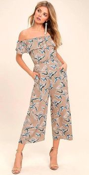 Traveler Beige Floral Print Midi Jumpsuit Size Medium Off the Shoulder