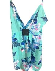 NWT  Floral Wrap Mini Dress Spaghetti Strap Open Back Zipper Tropical 14