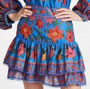 FARM Rio Blue Tropical Tapestry Tiered Mini Skirt Size L