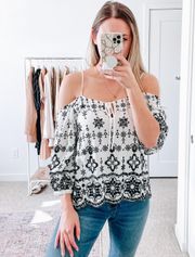 Revolve White Black Floral Embroidered Off Shoulder Blouse