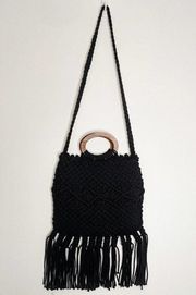 Danielle Nicole Black Macrame Handbag Black Crossbody Wooden Handle